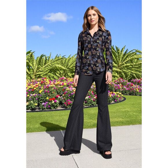 Rare 70s Vintage Brown, Black & Gray Floral Long Sleeve Button Down Top Size M - Picture 11 of 14